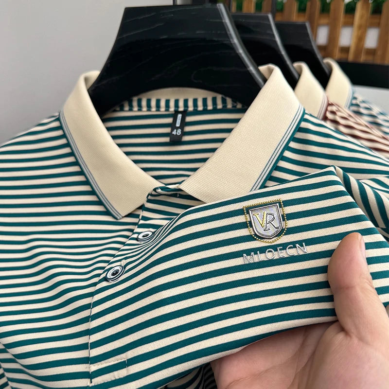 Premium Cotton Men's Summer Polo Shirt – 2024 Soft Short Sleeve Tee with Stripe Accents & Brand Badge Design