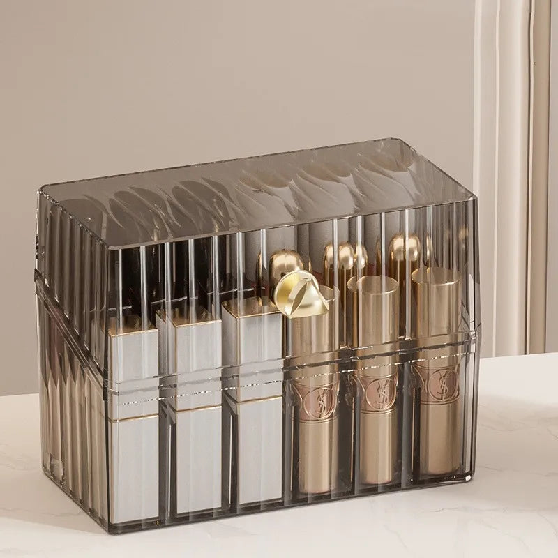 Dustproof Makeup Organizer Box – Lipstick, Brush, Skincare & Palette Storage for Desktop Use