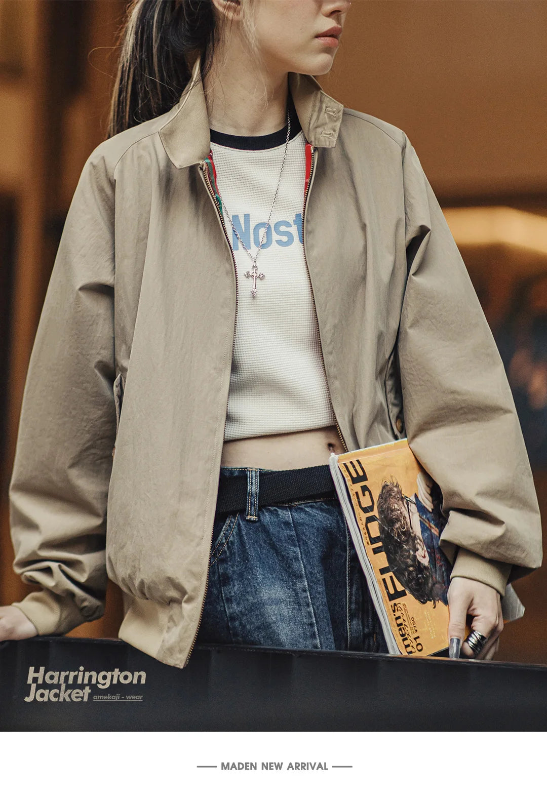Maden Vintage Stand-Up Collar Jacket – Workwear Baseball Style Coat for Women & Unisex, Spring/Autumn