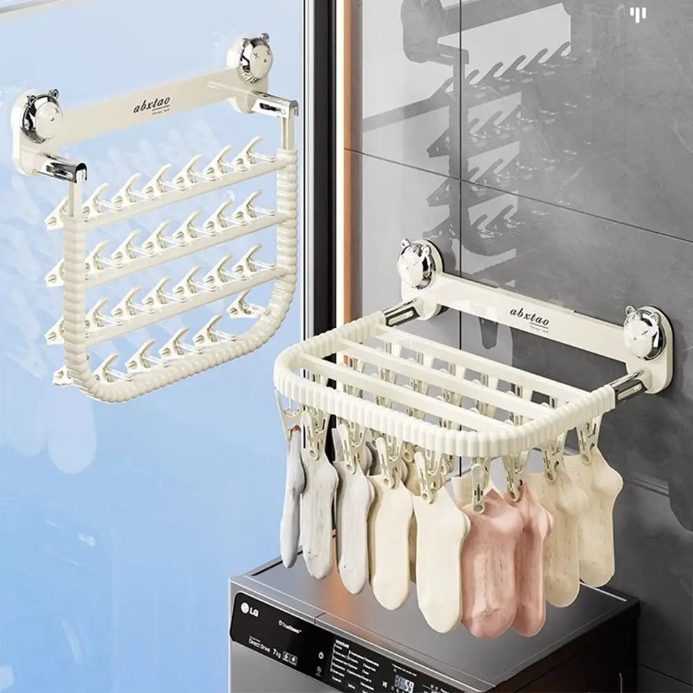 Rotating Suction Cup Folding Drying Rack with 27 Windproof Clips – Wall-Mounted Clothes Hanger for Socks, Towels, Balcony Use