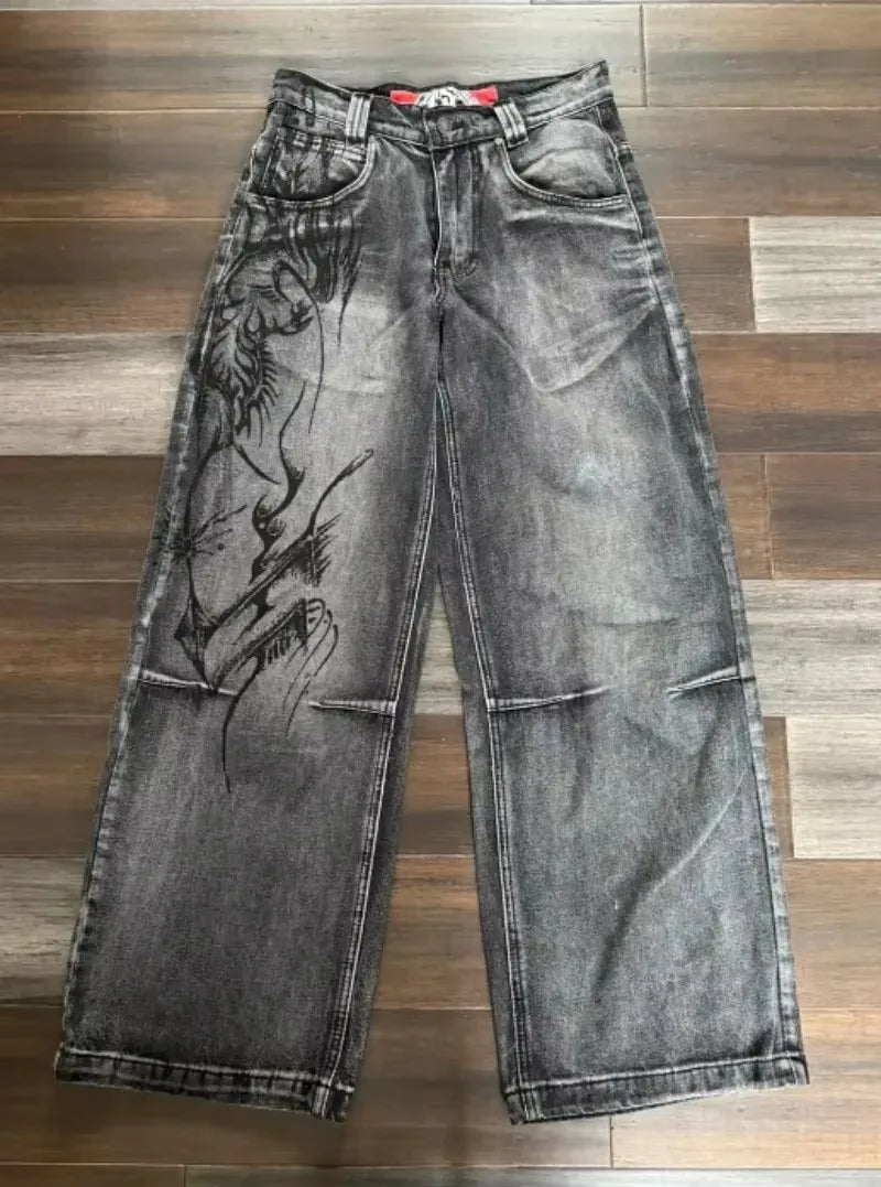 Streetwear PROTECT Embroidered Jeans for Men – Y2K Vintage Blue Baggy, High Waist, Wide Leg Harajuku Hip Hop Pants