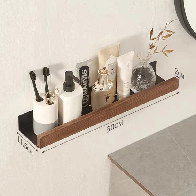 No-Drill Wall-Mounted Solid Wood Corner Bathroom Shelf — Shower Storage Rack and Toilet Shampoo Holder