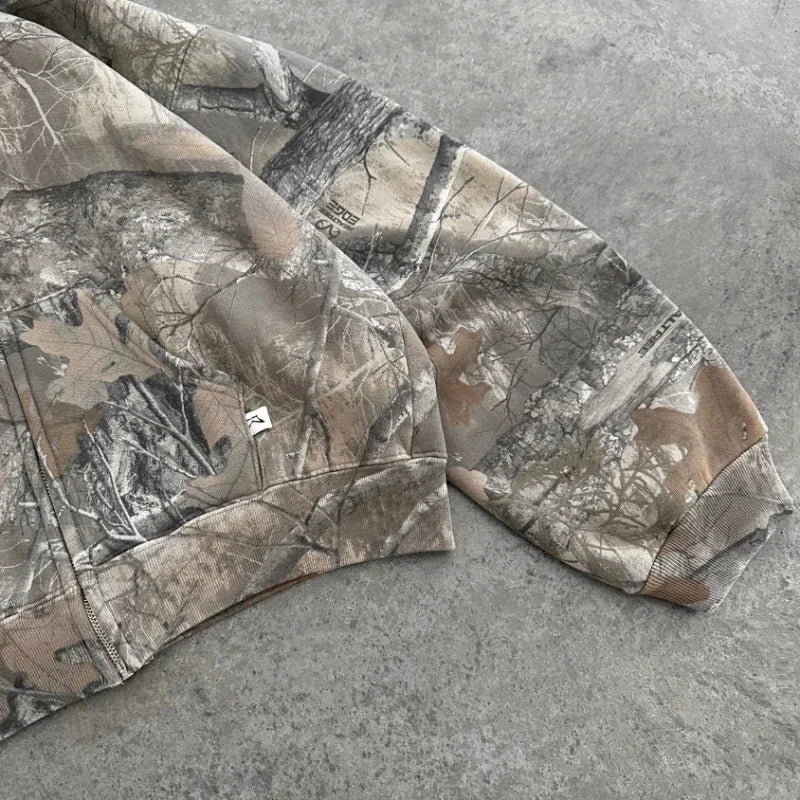 Y2K Camouflage Leaf Print Hoodie – Unisex Retro Streetwear Loose Fit Hip Hop Sweatshirt for Men & Women