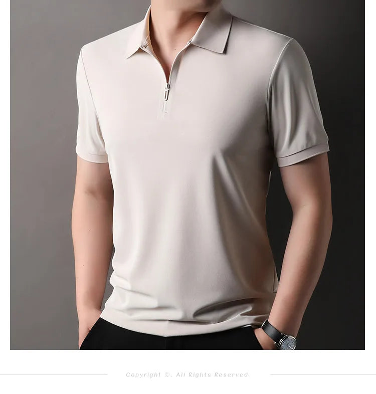 Men’s Slim Fit Half-Zip Polo Shirt – Light Beige Stretch Cotton Casual Top with Classic Collar