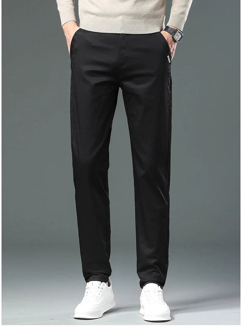 Men’s Classic Straight-Leg Cotton Trousers – 98% Cotton, Breathable Business Casual Pants with Elastic Comfort – Ideal for Spring & Summer