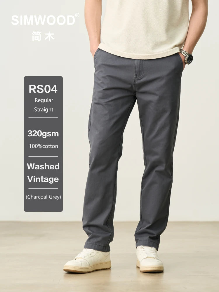 SIMWOOD Men’s Straight-Leg Chino Pants – 2025 Autumn Collection, 320gsm Washed Fabric, Plus Sizes Available