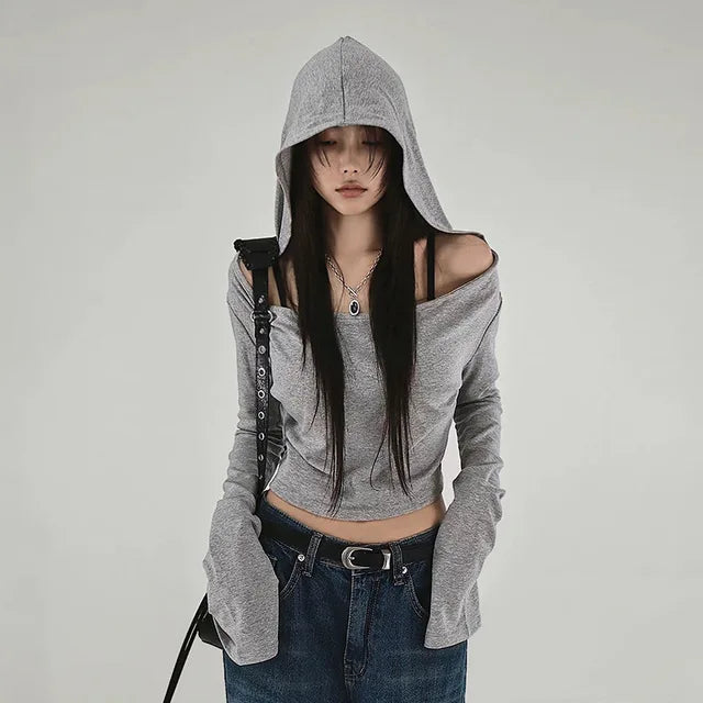 Y2K Aesthetic Women's Hooded Crop Top – Casual Streetwear Slim Fit Off-Shoulder Long Sleeve Tee with Grunge Style