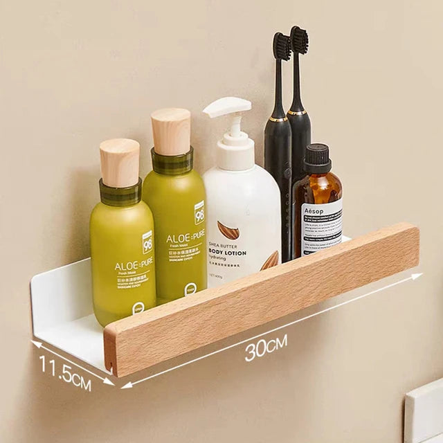 No-Drill Wall-Mounted Solid Wood Corner Bathroom Shelf — Shower Storage Rack and Toilet Shampoo Holder