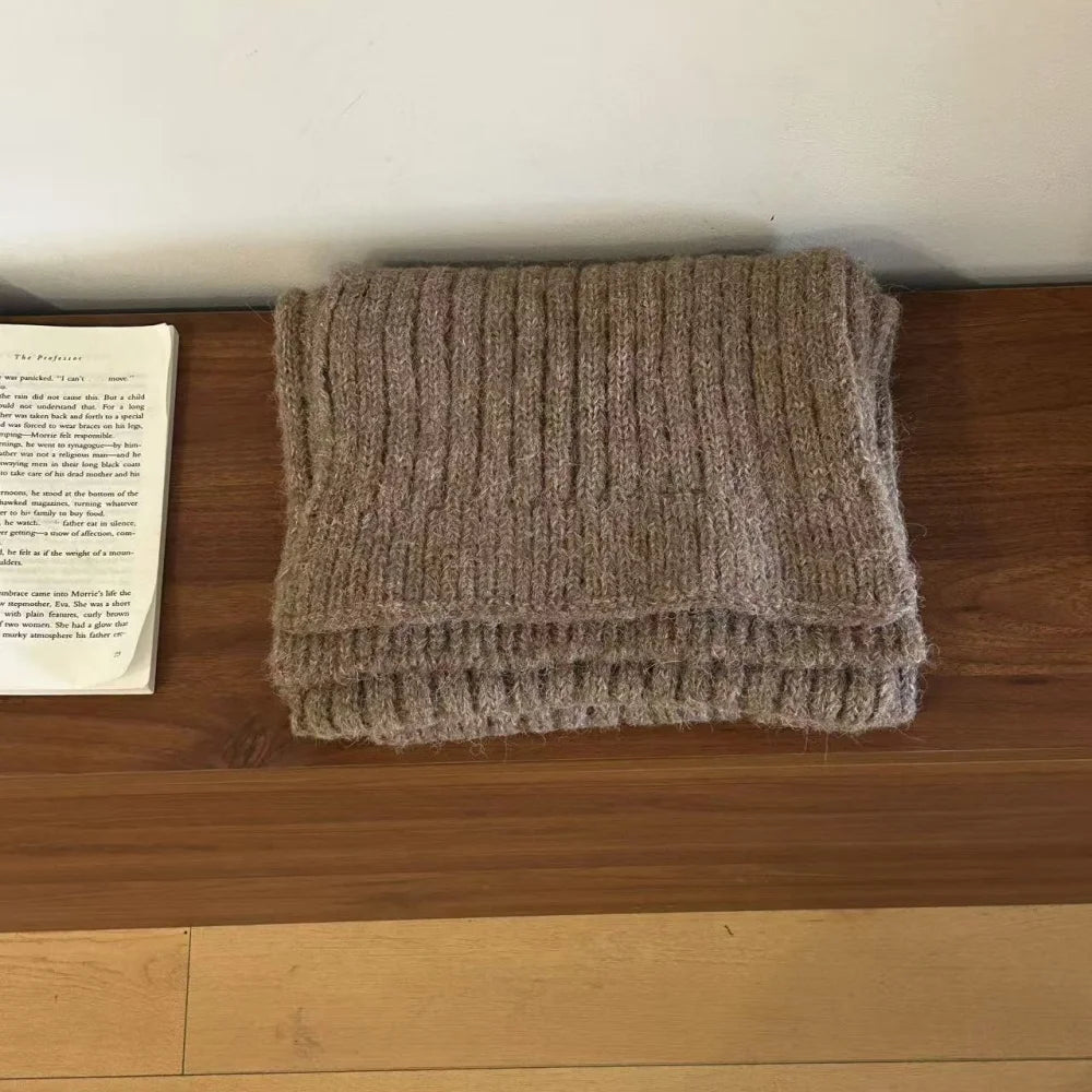 High-End Korean Style Thick Knit Scarf for Women – Warm Woolen Solid Color Winter & Autumn Wrap