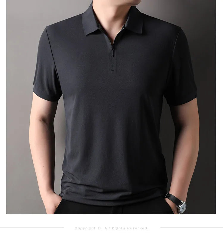 Men’s Slim Fit Half-Zip Polo Shirt – Light Beige Stretch Cotton Casual Top with Classic Collar