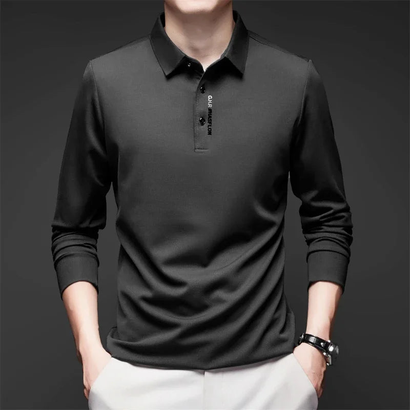 Men's Long Sleeve Polo Shirt – Solid Color, Business Casual, Stylish & Breathable Shirt with Badge Design