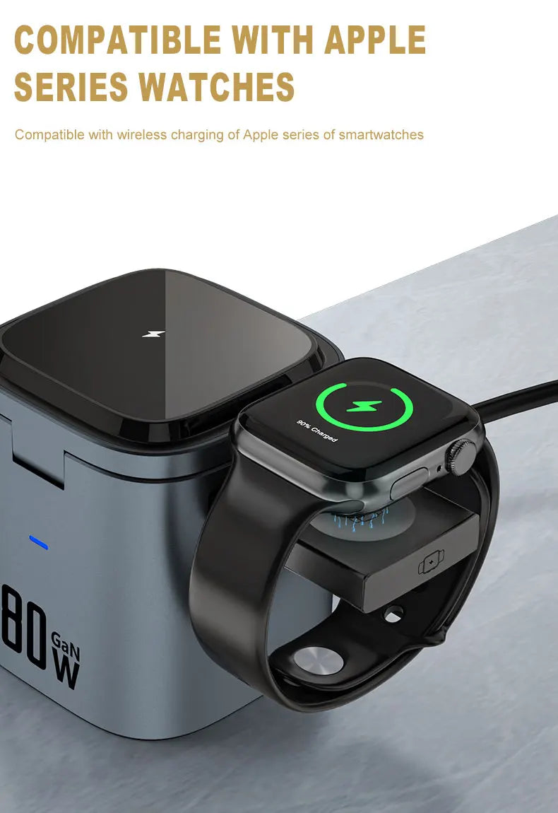 80W 6-in-1 GaN Fast Charger with Wireless Magnetic Adapter – Universal Multifunction Laptop Charging Hub (100-240V, 50/60Hz)