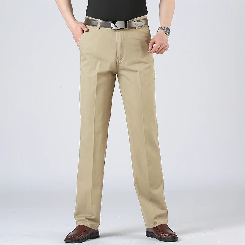 Men's Solid Cotton Straight-Leg Chino Pants – Business Casual Trousers with Belt, Ideal for Autumn & Winter – Classic Formal Style for Adults & Seniors