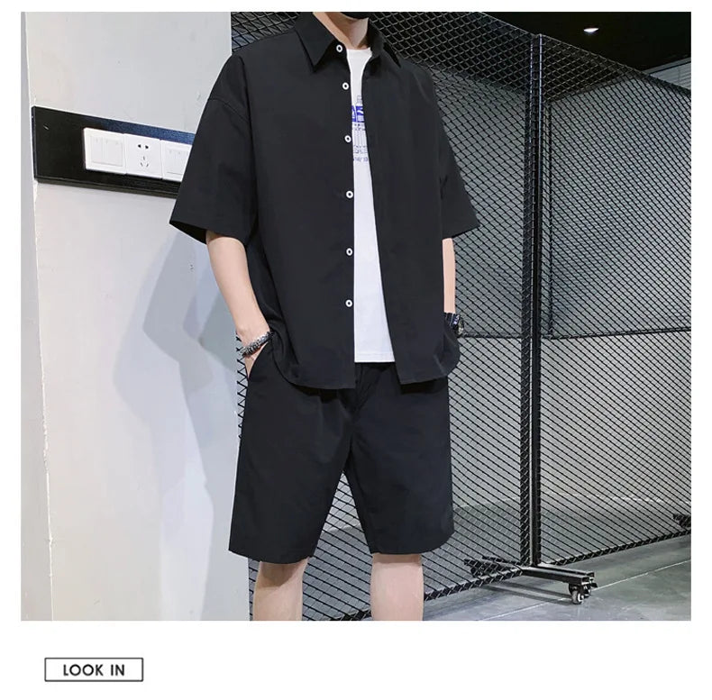 2025 Trendy Korean-Style Men's Summer Outfit – Casual Two-Piece Set Featuring Short Sleeve Shirt & Matching Shorts, Stylish High Street Look for Daily & Streetwear Fashion