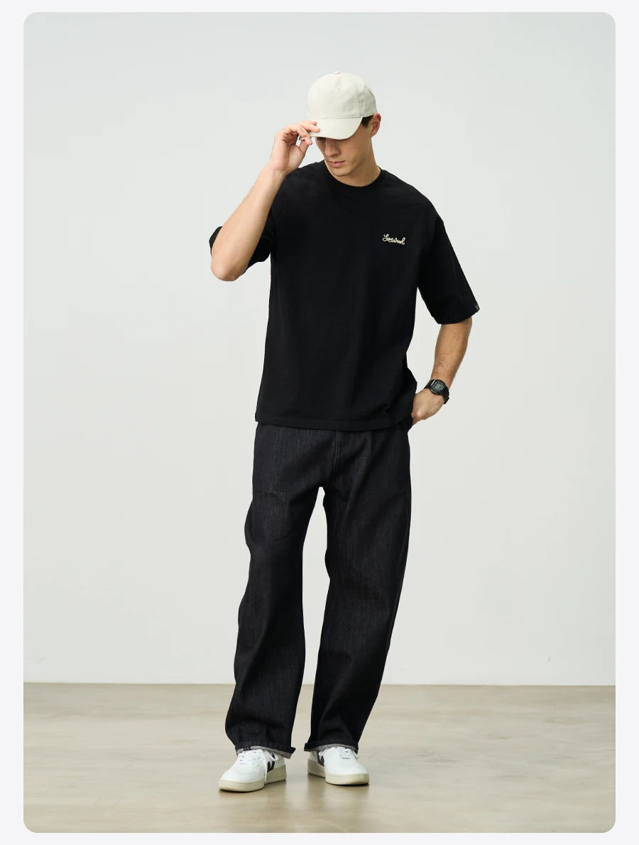 SIMWOOD 2025 Summer Oversized Heavyweight 300gsm Slub Cotton T-Shirt for Men with Letter Embroidery