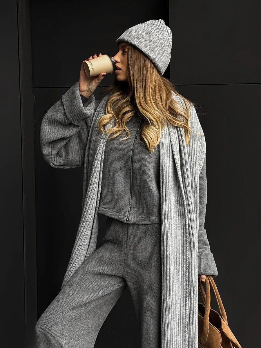 Tornova Women's Elegant Knit Two-Piece Set – Zipper Jacket & Wide-Leg Pants Casual Outfit