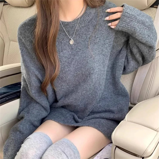 Korean Style Mid-Length Loose Knit Sweater for Women – Casual Solid O-Neck Pullover for Autumn/Winter Streetwear