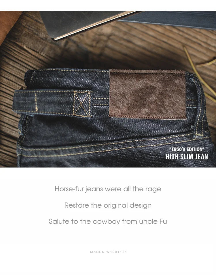 Maden 14oz Raw Selvedge Denim Jeans for Men – Vintage Straight Fit with Horsehide Leather Patch, Paris Buckle Style – Ideal for Spring & Fall