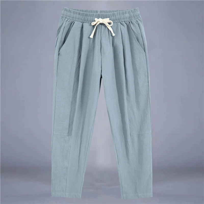 Men's Casual Cotton-Linen Pants – Breathable Loose-Fit Straight-Leg Drawstring Trousers in Solid Colors, Stylish Summer Streetwear
