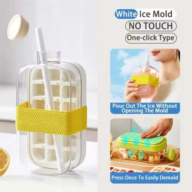 No-Spill Ice Cube Tray with Lid – Touch-Free Silicone Ice Mold for Freezer with Straw & Cable Tie