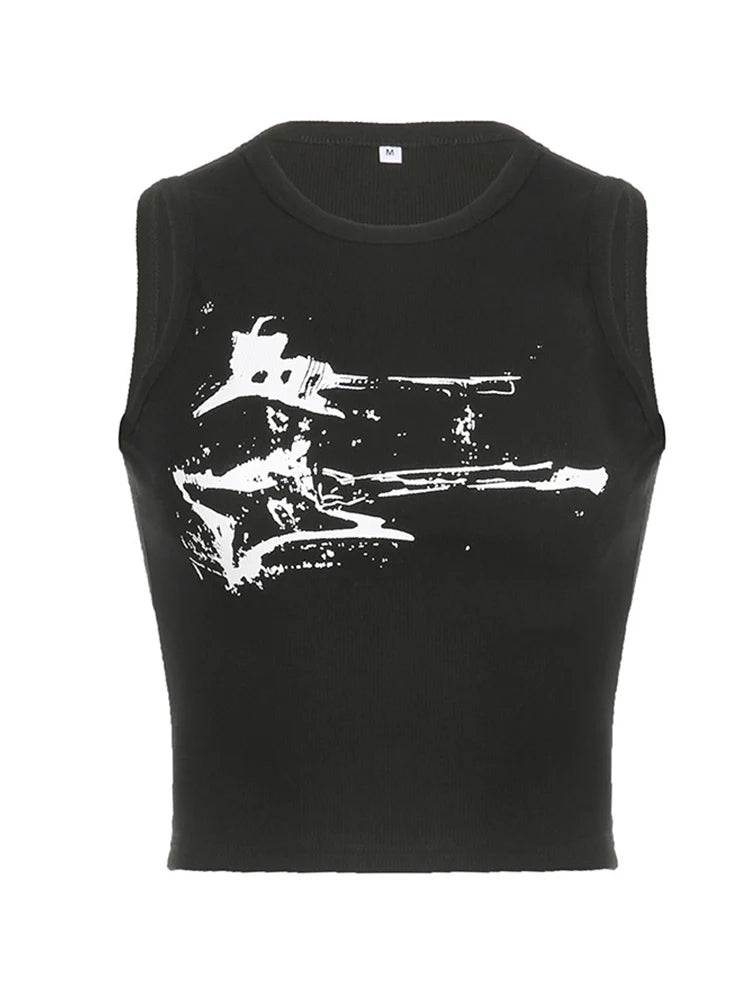 Y2K Ribbed Sleeveless Crop Tank Top for Women – Guitar Print Grunge Harajuku 90s Streetwear Casual Vest Tee