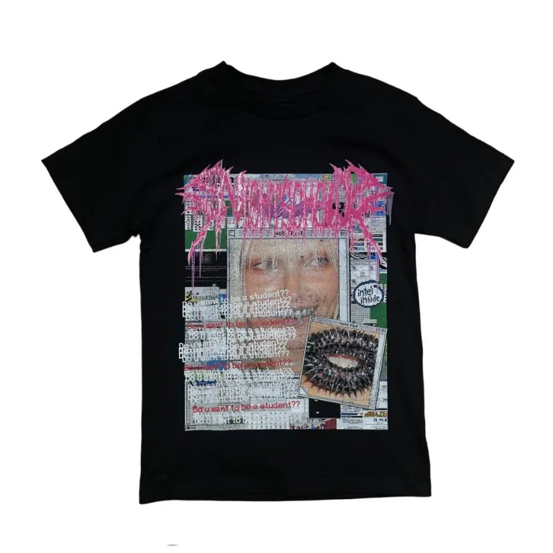Y2K-Inspired Gothic Graphic Tee with Night School Print for Men and Women — Harajuku Hip Hop Streetwear, Unisex Boxy Fit, Short Sleeve Sweatshirt