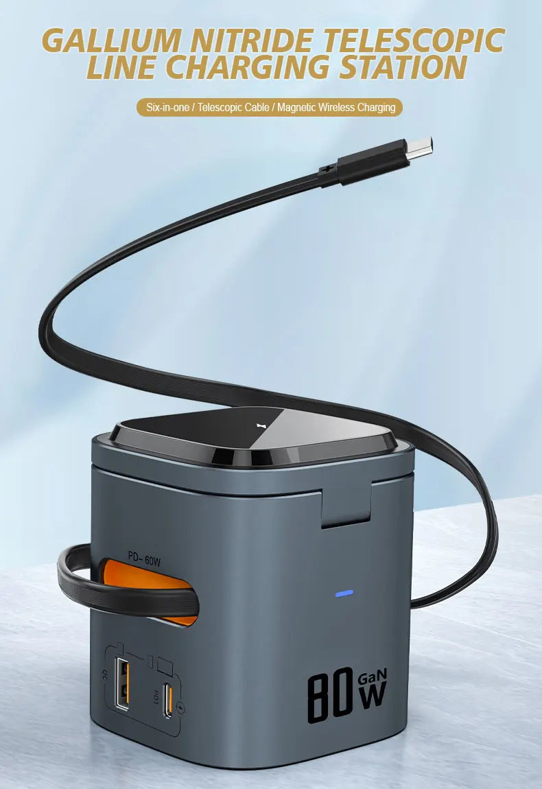 80W 6-in-1 GaN Fast Charger with Wireless Magnetic Adapter – Universal Multifunction Laptop Charging Hub (100-240V, 50/60Hz)