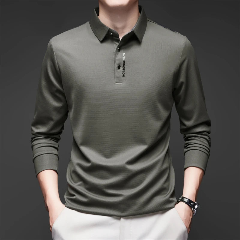 Men's Long Sleeve Polo Shirt – Solid Color, Business Casual, Stylish & Breathable Shirt with Badge Design