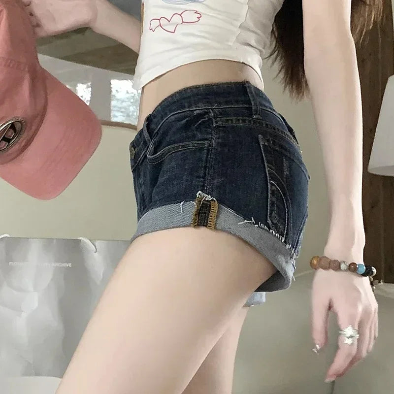 2024 New Summer Women’s Y2K Style Denim Shorts, Sexy Low-Waist Hot Pants, Korean Deep Blue Hip-Hugging Jeans