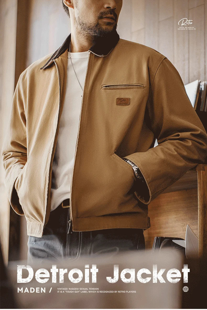 Maden Retro Interstellar J001 Canvas Detroit Hunting Jacket – Heavy-Duty Work Coat with Lapel Collar and Multiple Pockets