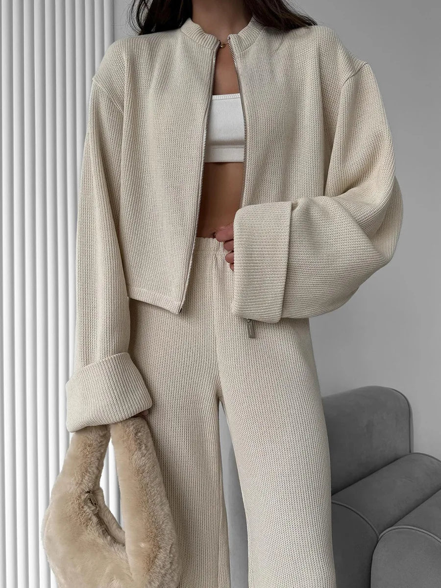Tornova Women's Elegant Knit Two-Piece Set – Zipper Jacket & Wide-Leg Pants Casual Outfit
