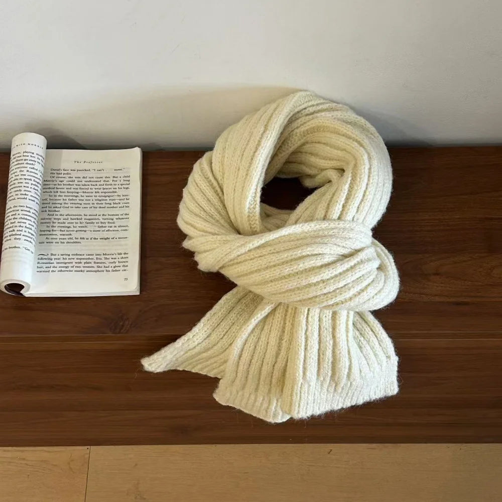 High-End Korean Style Thick Knit Scarf for Women – Warm Woolen Solid Color Winter & Autumn Wrap