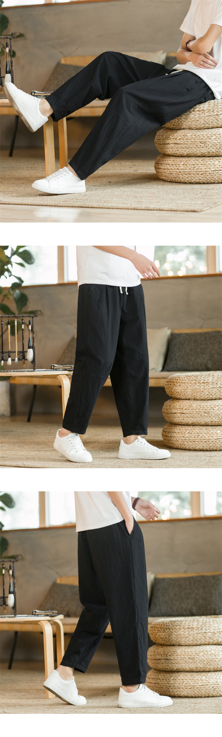 Men's Casual Cotton-Linen Pants – Breathable Loose-Fit Straight-Leg Drawstring Trousers in Solid Colors, Stylish Summer Streetwear
