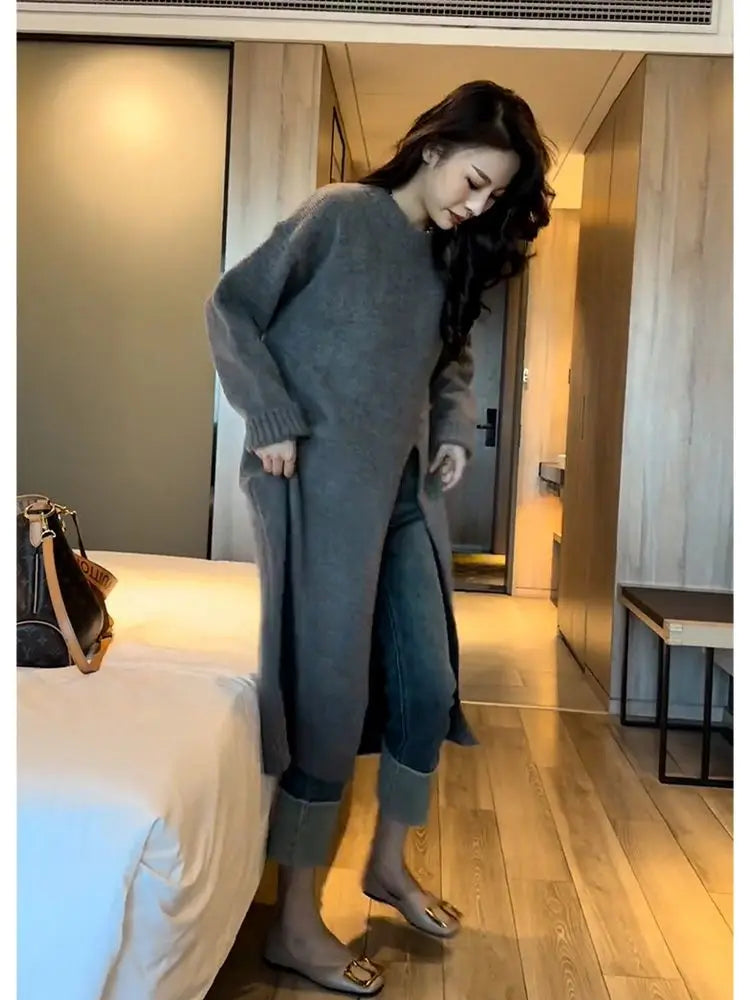 Chic Lazy Style Women’s Pullover Dress with Side Slits – Irregular Hem Slim Fit Knee-Length Knit Sweater Skirt