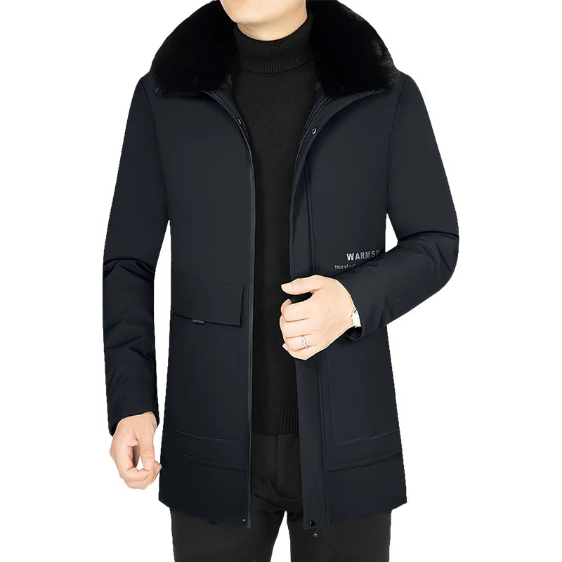 Men’s Solid Winter Parka with Fur Hood – Loose, Waterproof Fleece-Lined Vintage Streetwear Jacket