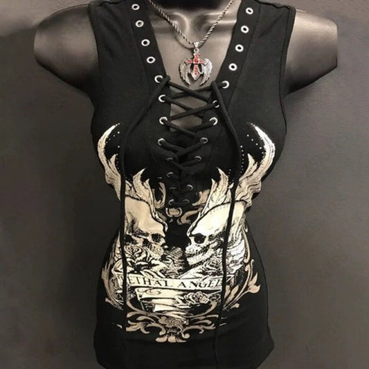 Vintage Gothic Skull Print T-Shirt for Women – Y2K Punk Streetwear Style, 90s Inspired Bandage Detail Casual Emo Grunge Top