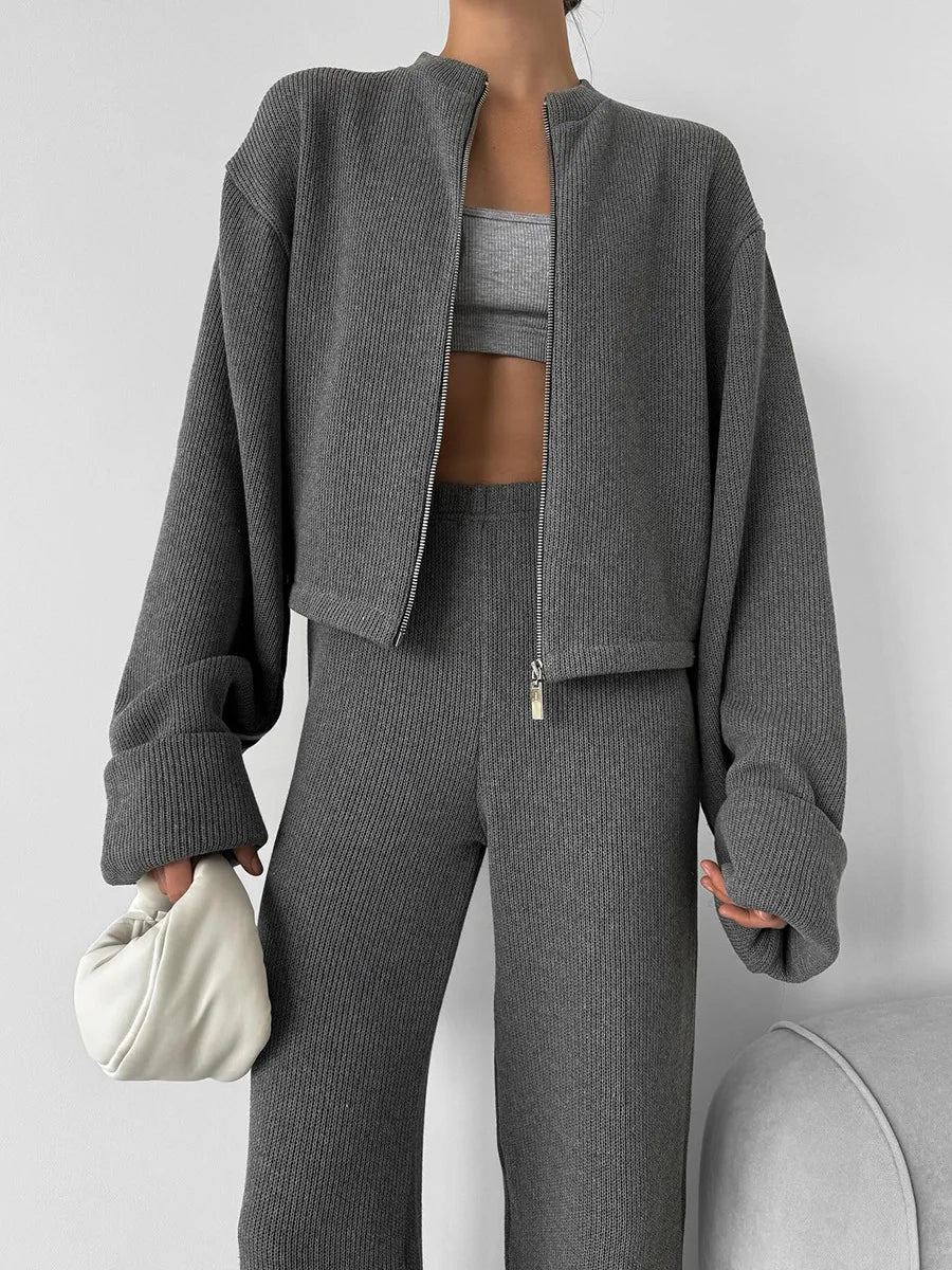 Tornova Women's Elegant Knit Two-Piece Set – Zipper Jacket & Wide-Leg Pants Casual Outfit