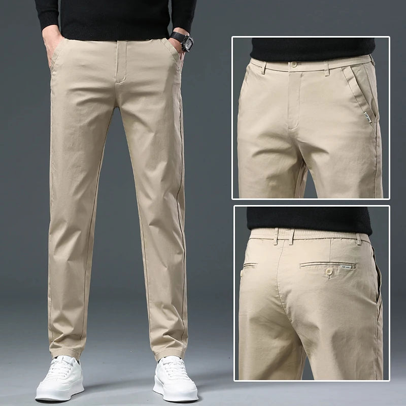 Men’s Classic Straight-Leg Cotton Trousers – 98% Cotton, Breathable Business Casual Pants with Elastic Comfort – Ideal for Spring & Summer