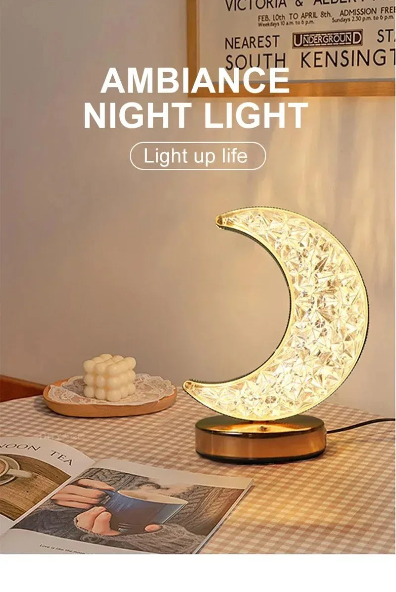 Rechargeable Crystal Touch Dimmable Night Lamp for Bedroom, Girls’ Room, USB LED Ambient Table Light with 3D Moon Design