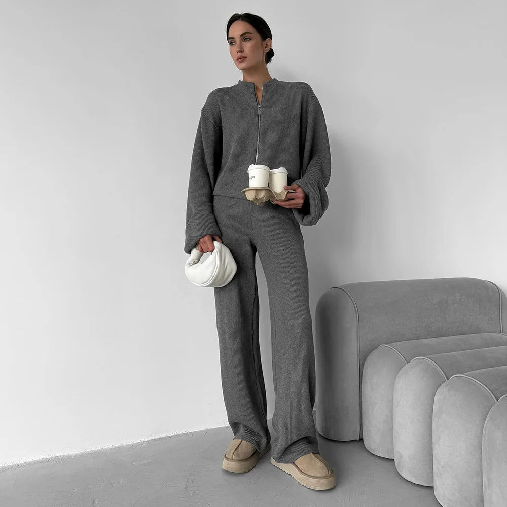 Tornova Women's Elegant Knit Two-Piece Set – Zipper Jacket & Wide-Leg Pants Casual Outfit