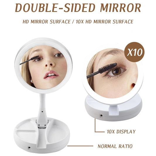 Dual-Powered LED Makeup Mirror – Portable Double-Sided Mirror with 10X Magnification, Battery/USB Operated