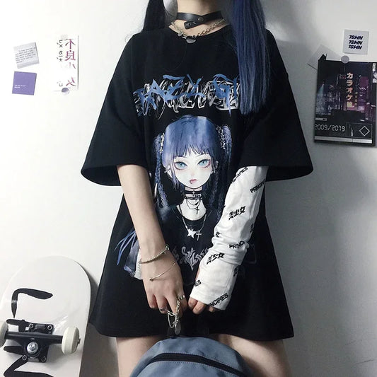 Women's Gothic Harajuku Loose T-Shirt – Aesthetic Dark Grunge Y2K Streetwear Top