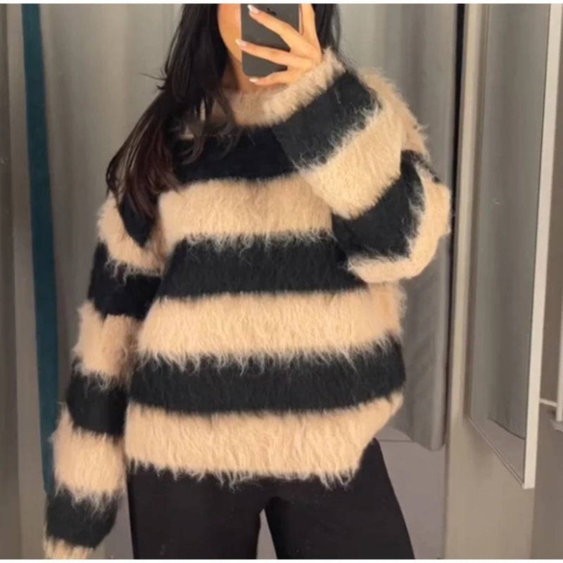 Women's Cozy Mohair Striped Knit Sweater – Warm O-Neck Pullover with Full Sleeves, Autumn 2025 Fashion