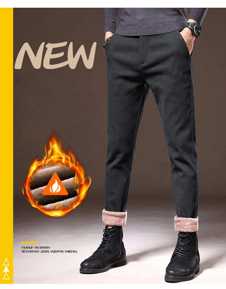 Men's Winter Fleece-Lined Slim Fit Pants – Thick Warm Straight-Leg Casual Business Trousers (Sizes 28-38)