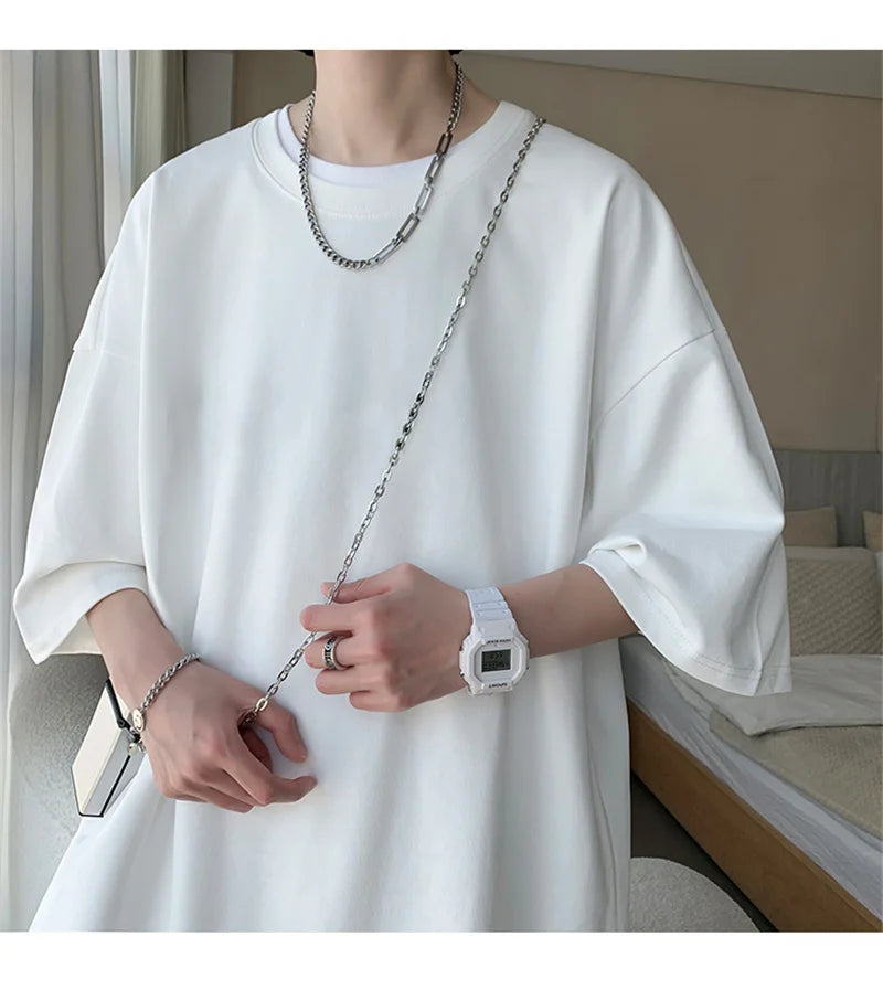 Men’s Oversized White Cotton T-Shirt – Solid Color Summer Casual Fashion Tee, Size up to 5XL