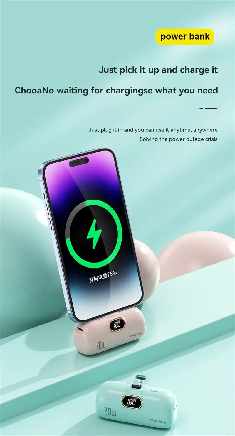 Mini 10000mAh Portable Power Bank with Built-in Cables – Compact External Battery Charger for iPhone & Type-C Devices