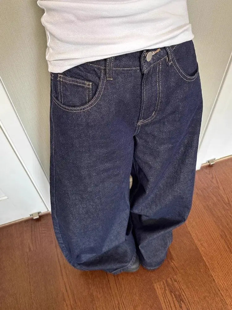 New Unisex Black Washed Wide-Leg Jeans – High Street Style Loose Straight Pants for Autumn and Winter
