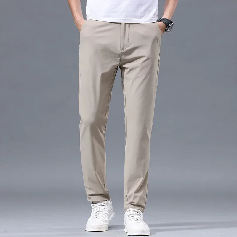 Men's Summer Lightweight Stretch Suit Pants – Slim Fit Korean Style Business Casual Trousers with Elastic Waist