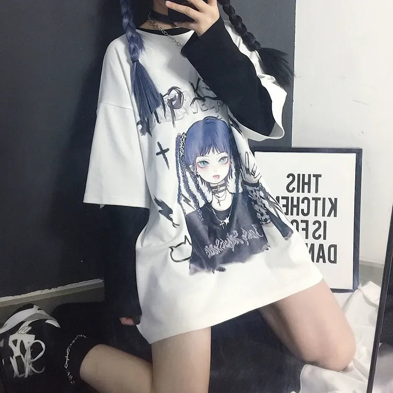 Women's Gothic Harajuku Loose T-Shirt – Aesthetic Dark Grunge Y2K Streetwear Top