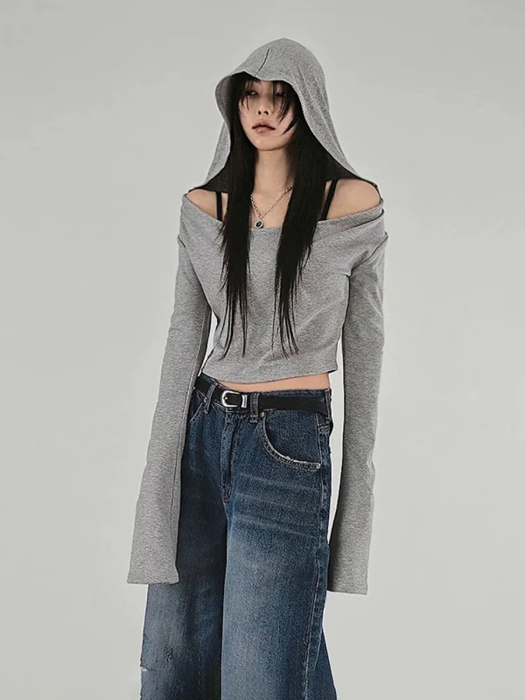 Y2K Aesthetic Women's Hooded Crop Top – Casual Streetwear Slim Fit Off-Shoulder Long Sleeve Tee with Grunge Style